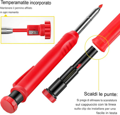 Matita per falegname con temperino, set di matite meccaniche con 24 ricariche